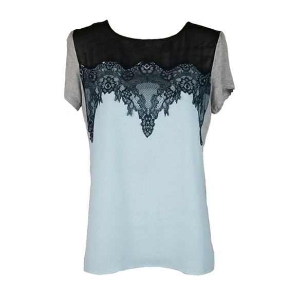 Lace Side Stripe Detailed Light Blue Short Sleeve Tee, Size S - Picture 1 of 5